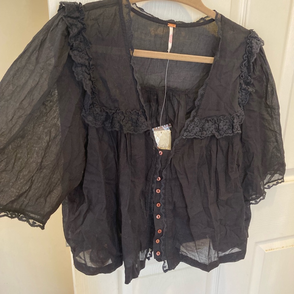 FREE PEOPLE Black Puff Sleeve Sheer Crop Top Blouse